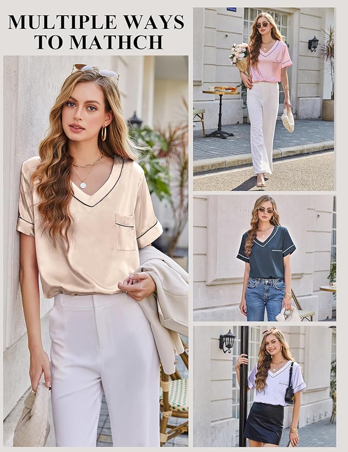 Women's Satin Pajama Set - Short Sleeve - 2 Piece