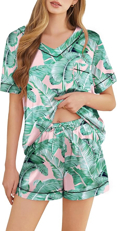 Women's Satin Pajama Set - Short Sleeve - 2 Piece