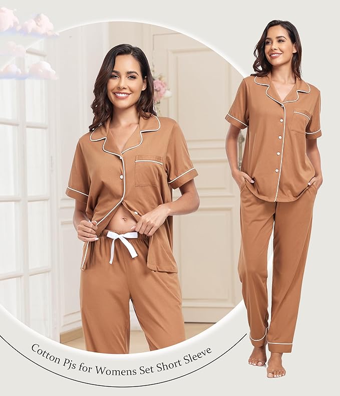 Women's 100% Cotton Pants Pajama Set - Short Sleeve - 2 Piece