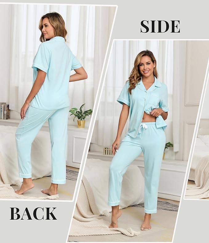 Women's 100% Cotton Pants Pajama Set - Short Sleeve - 2 Piece