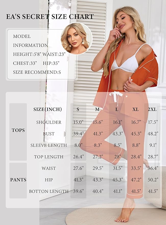 Women's 100% Cotton Pants Pajama Set - Short Sleeve - 2 Piece