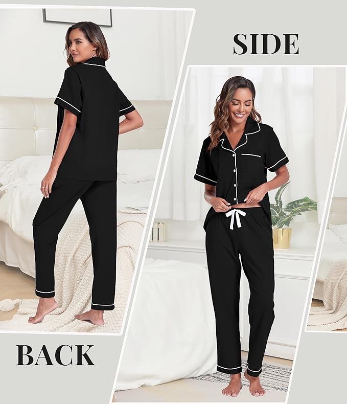 Women's 100% Cotton Pants Pajama Set - Short Sleeve - 2 Piece