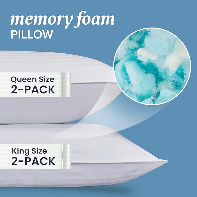 Memory Foam Cooling Bed Pillow - Queen - 2 Pack