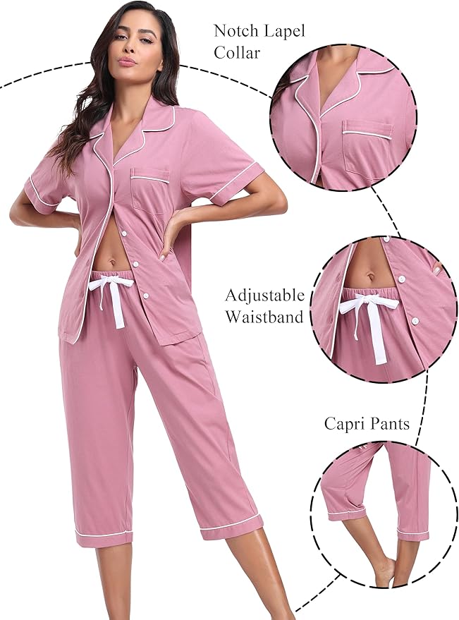 Women's 100% Cotton Capri Pajama Set - Short Sleeve - 2 Piece