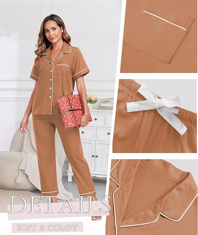 Women's 100% Cotton Pants Pajama Set - Short Sleeve - 2 Piece