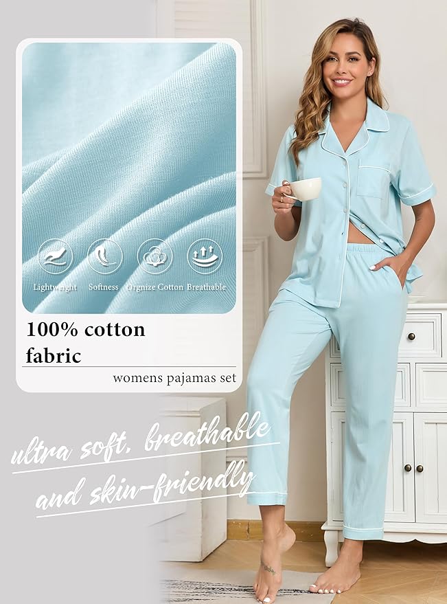Women's 100% Cotton Pants Pajama Set - Short Sleeve - 2 Piece