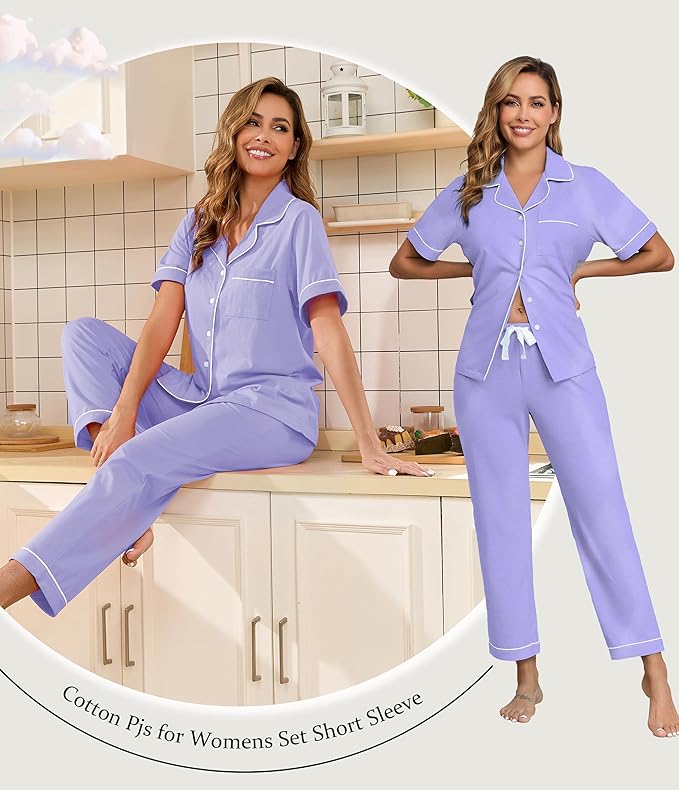Women's 100% Cotton Pants Pajama Set - Short Sleeve - 2 Piece