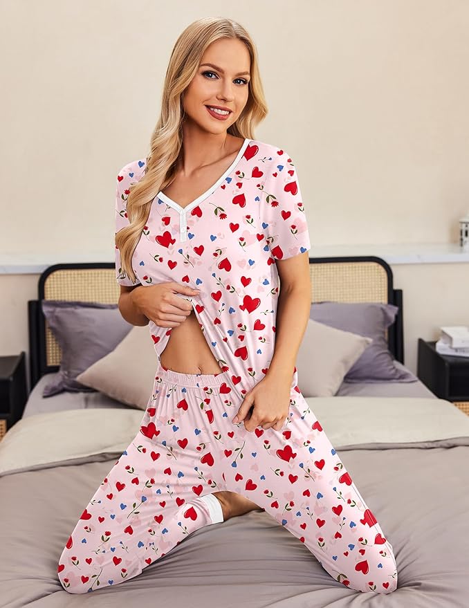 Women's Pants Pajama Set - Short Sleeve - 2 Piece