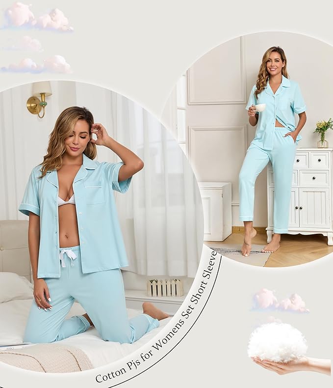 Women's 100% Cotton Pants Pajama Set - Short Sleeve - 2 Piece