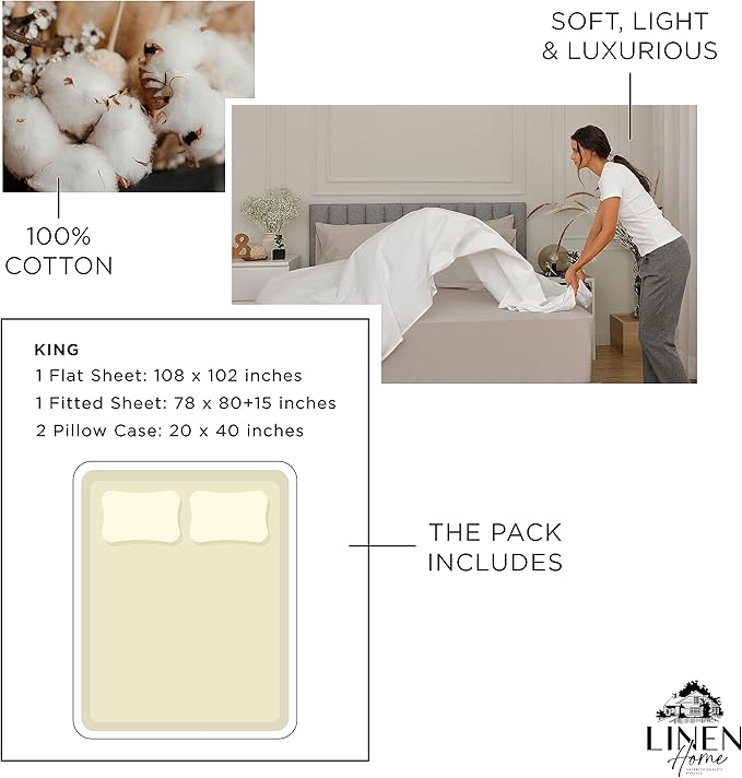 100% Cotton Bed Sheet Set - King - 4 Piece