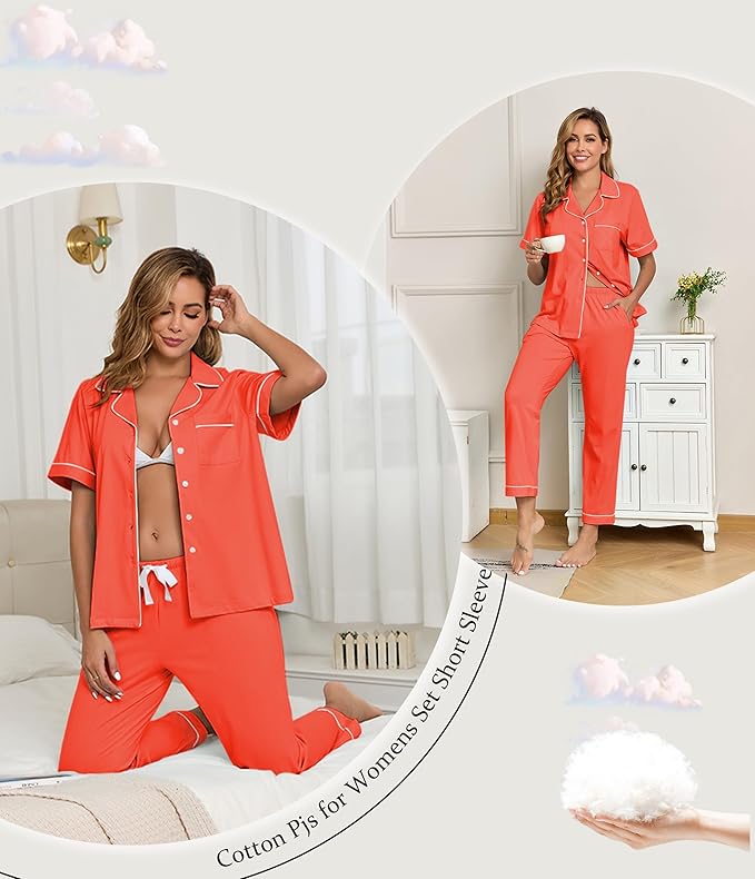 Women's 100% Cotton Pants Pajama Set - Short Sleeve - 2 Piece