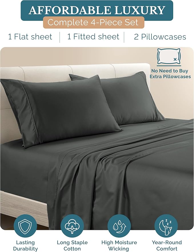 100% Cotton Bed Sheet Set - Twin - 15 in Deep Pocket - 4 Piece