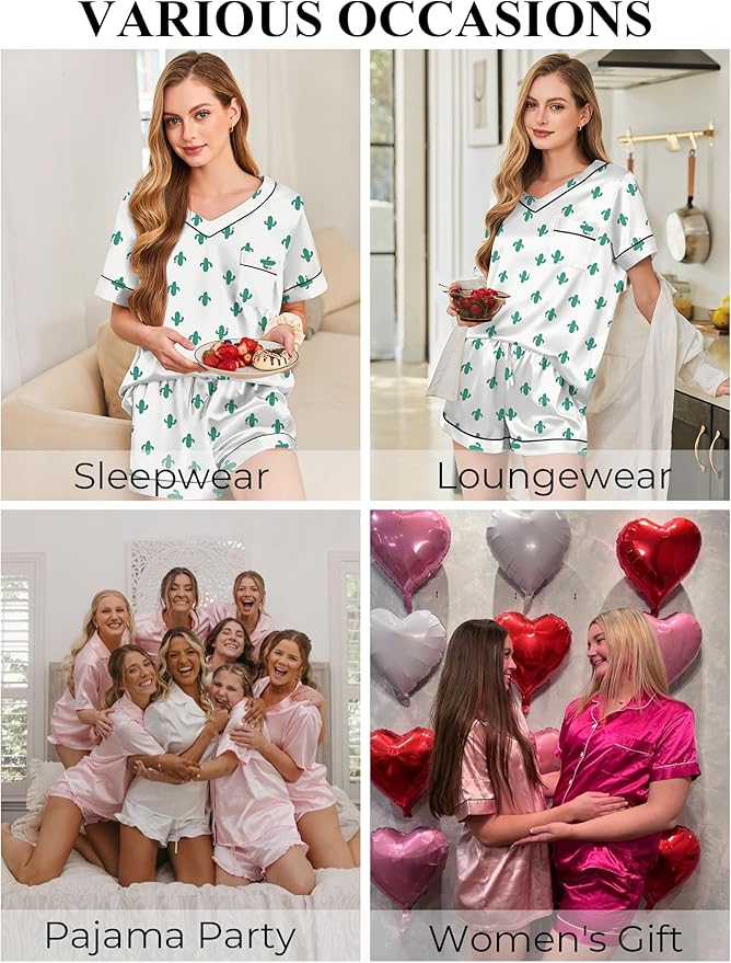 Women's Satin Pajama Set - Short Sleeve - 2 Piece