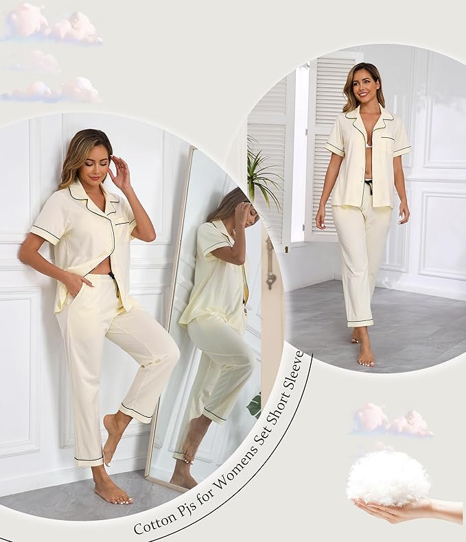 Women's 100% Cotton Pants Pajama Set - Short Sleeve - 2 Piece