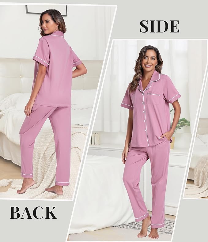 Women's 100% Cotton Pants Pajama Set - Short Sleeve - 2 Piece