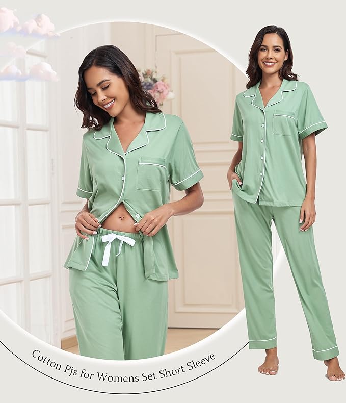 Women's 100% Cotton Pants Pajama Set - Short Sleeve - 2 Piece