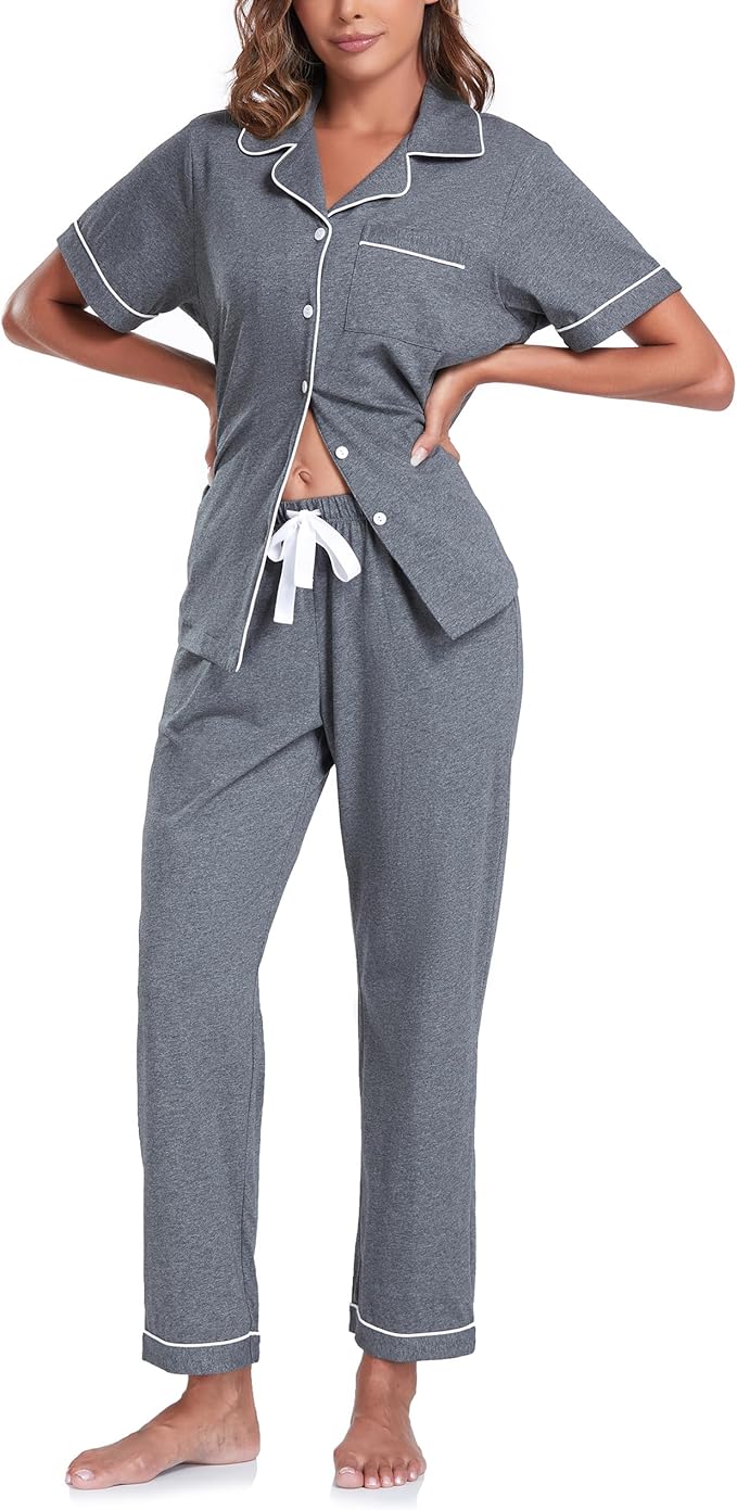 Women's 100% Cotton Pants Pajama Set - Short Sleeve - 2 Piece
