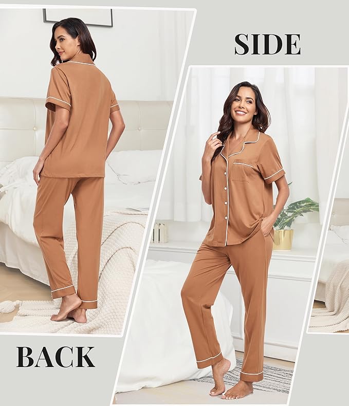 Women's 100% Cotton Pants Pajama Set - Short Sleeve - 2 Piece
