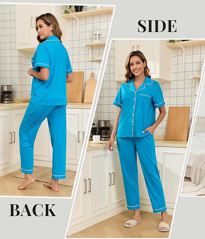 Women's 100% Cotton Pants Pajama Set - Short Sleeve - 2 Piece