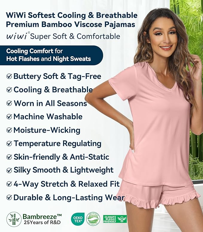 Bamboo Cooling Shorts Pajama Set - Short Sleeve - 2 Piece
