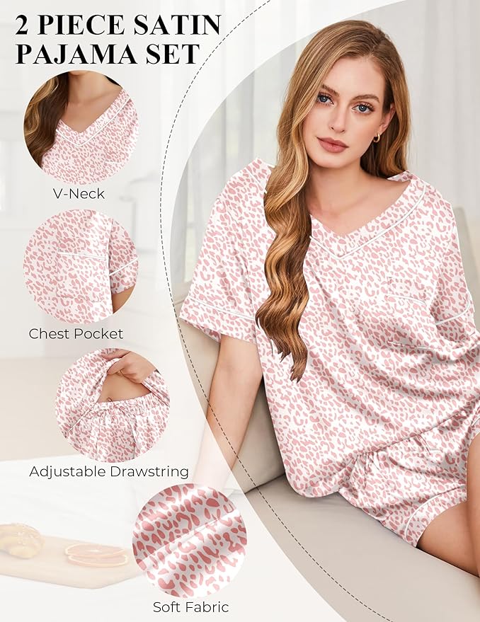 Women's Satin Pajama Set - Short Sleeve - 2 Piece
