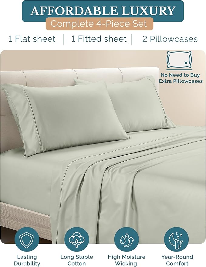 100% Cotton Bed Sheet Set - Twin XL - 15 in Deep Pocket - 4 Piece