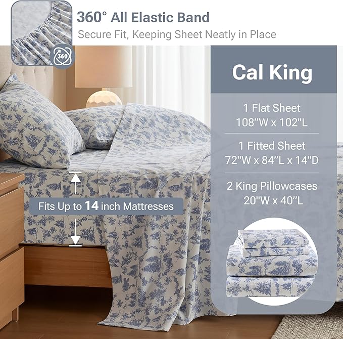 100% Cotton Bed Sheet Set - King - 4 Piece