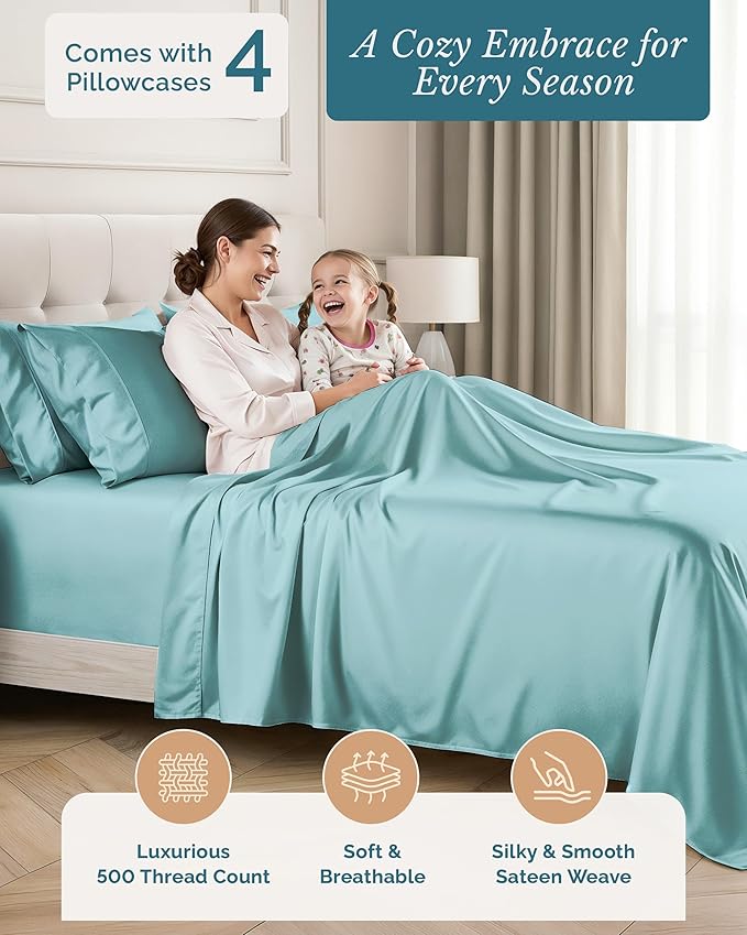 100% Cotton Bed Sheet Set - Queen - 15 in Deep Pocket - 6 Piece