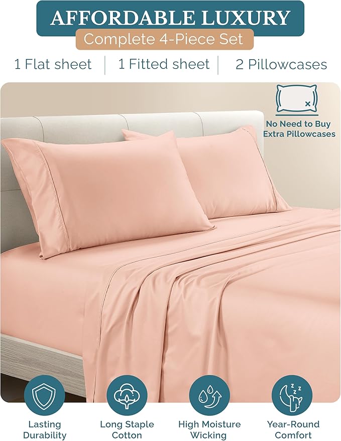 100% Cotton Bed Sheet Set - Twin - 4 Piece