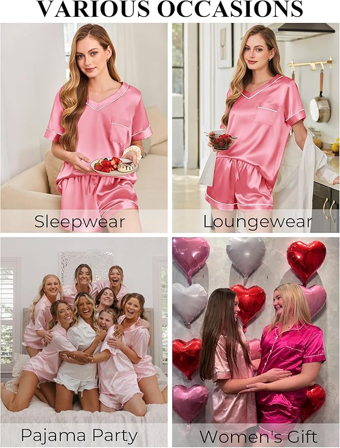 Women's Satin Pajama Set - Short Sleeve - 2 Piece