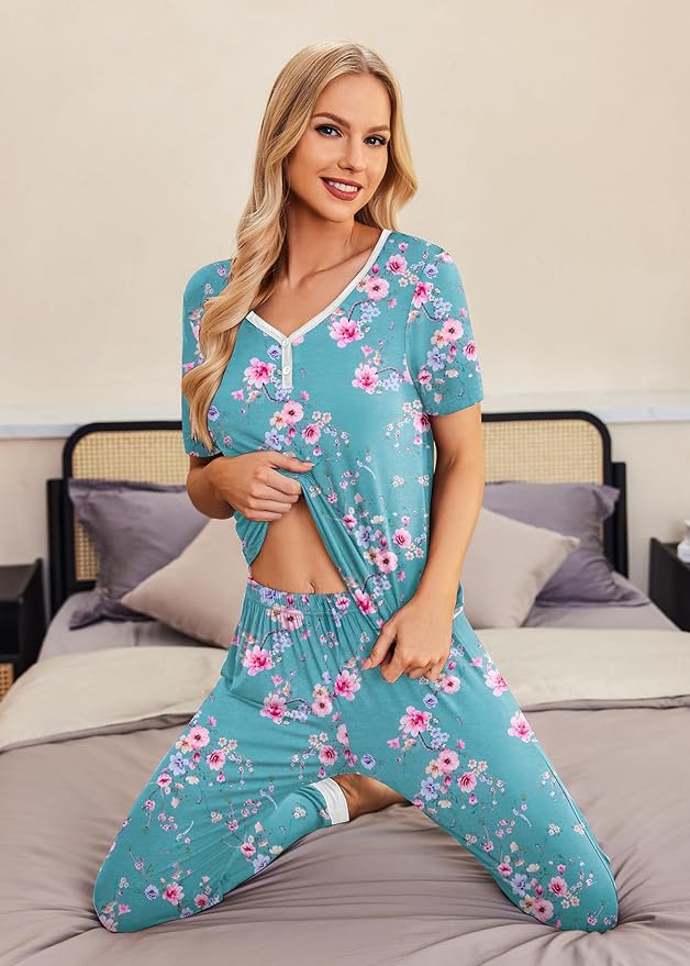 Women's Pants Pajama Set - Short Sleeve - 2 Piece