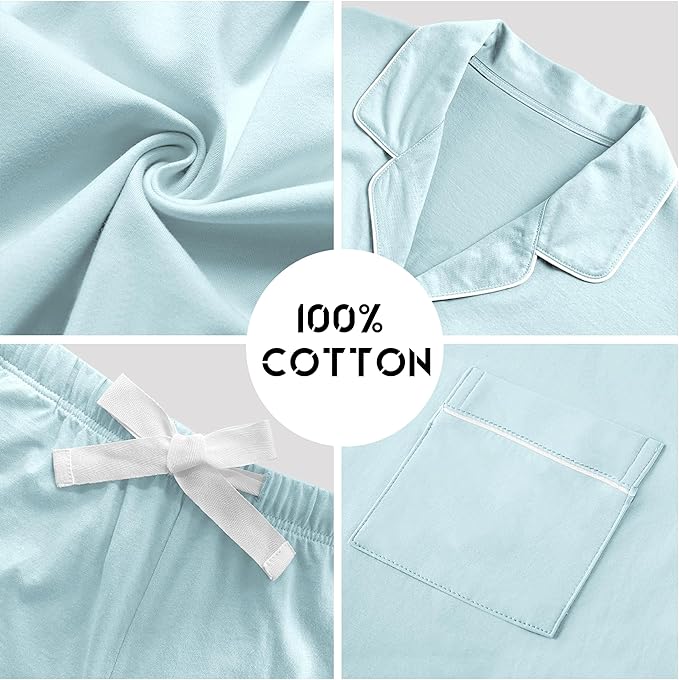 Women's 100% Cotton Pants Pajama Set - Short Sleeve - 2 Piece