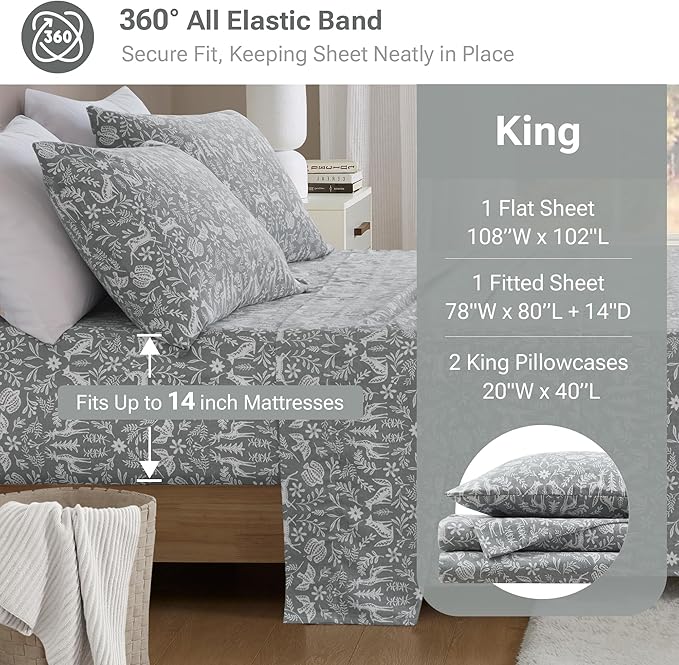 100% Cotton Bed Sheet Set - King - 4 Piece