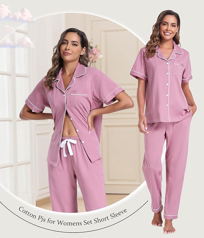 Women's 100% Cotton Pants Pajama Set - Short Sleeve - 2 Piece
