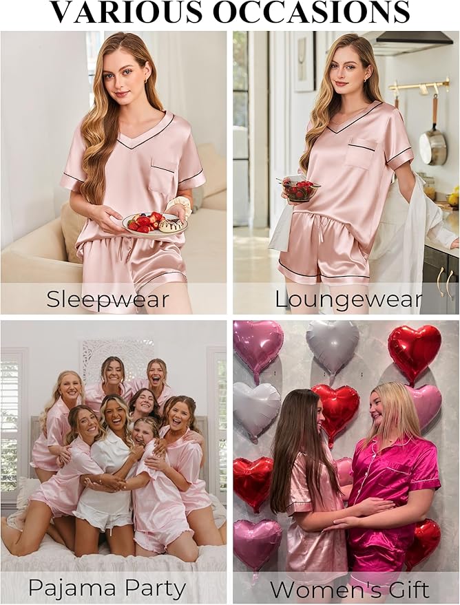 Women's Satin Pajama Set - Short Sleeve - 2 Piece