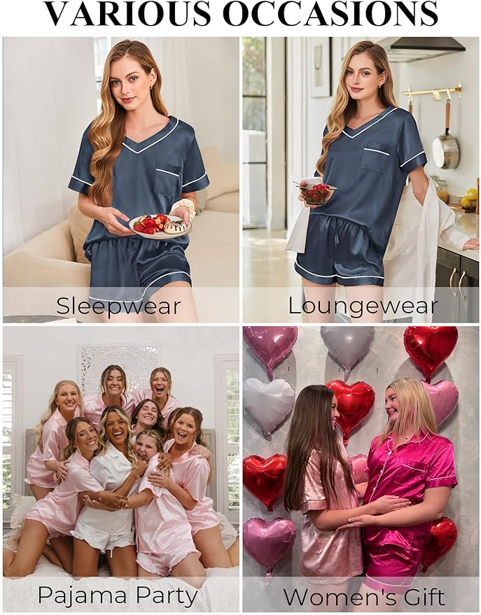 Women's Satin Pajama Set - Short Sleeve - 2 Piece