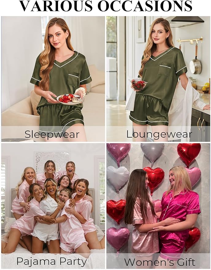 Women's Satin Pajama Set - Short Sleeve - 2 Piece