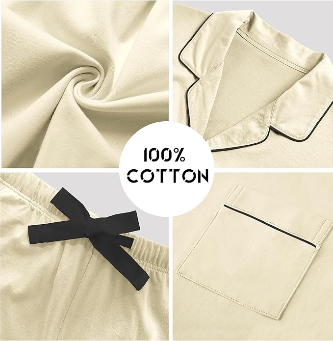 Women's 100% Cotton Pants Pajama Set - Short Sleeve - 2 Piece