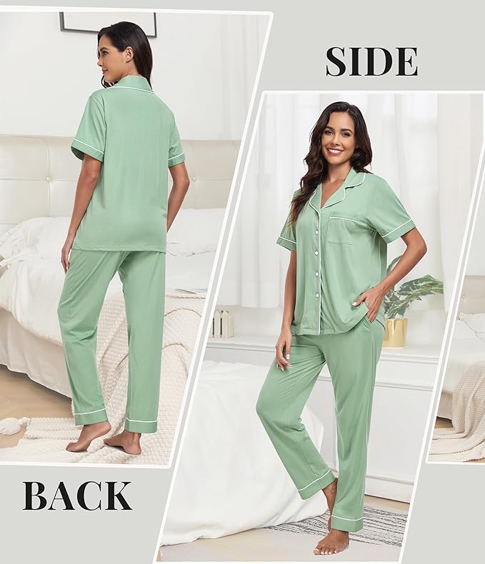 Women's 100% Cotton Pants Pajama Set - Short Sleeve - 2 Piece