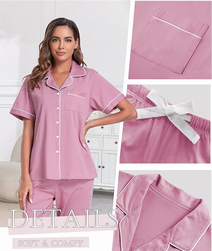Women's 100% Cotton Pants Pajama Set - Short Sleeve - 2 Piece