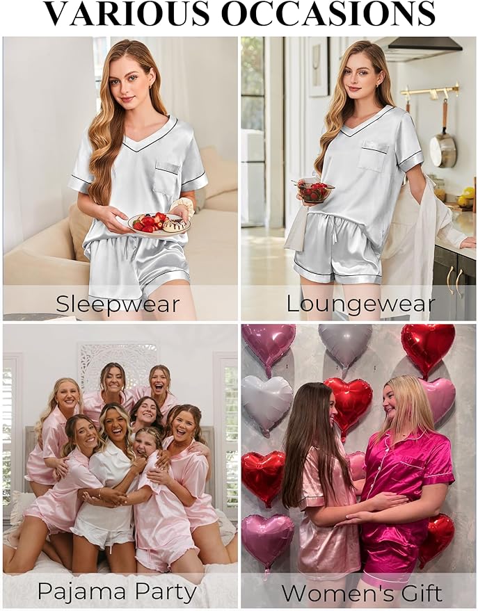 Women's Satin Pajama Set - Short Sleeve - 2 Piece
