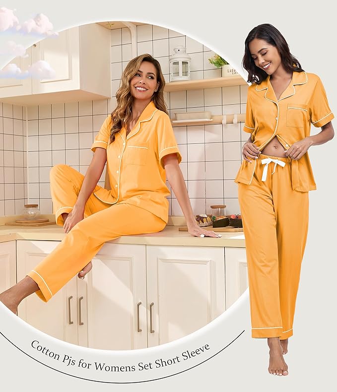 Women's 100% Cotton Pants Pajama Set - Short Sleeve - 2 Piece
