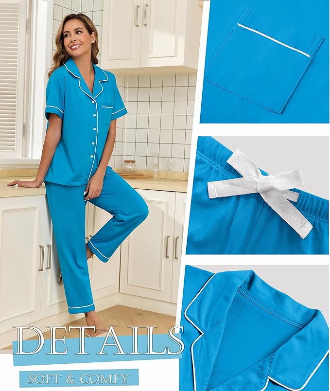 Women's 100% Cotton Pants Pajama Set - Short Sleeve - 2 Piece
