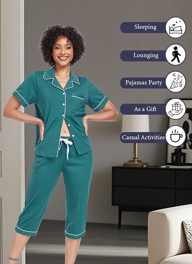 Women's 100% Cotton Capri Pajama Set - Short Sleeve - 2 Piece