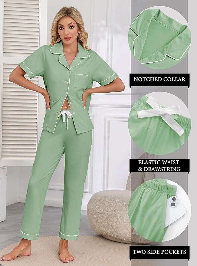 Women's 100% Cotton Pants Pajama Set - Short Sleeve - 2 Piece