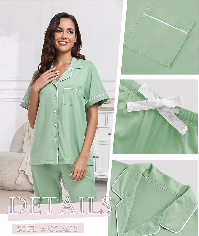 Women's 100% Cotton Pants Pajama Set - Short Sleeve - 2 Piece