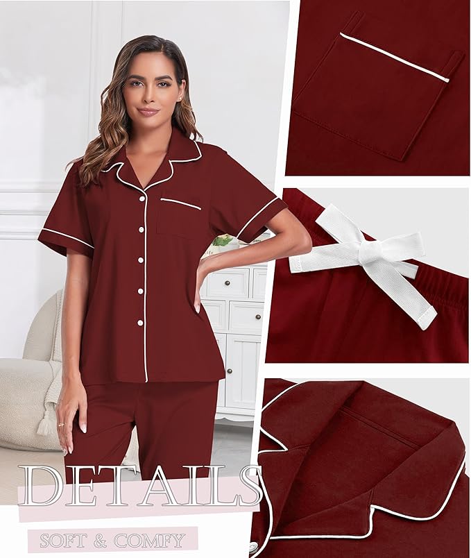 Women's 100% Cotton Pants Pajama Set - Short Sleeve - 2 Piece