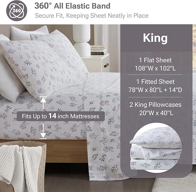 100% Cotton Bed Sheet Set - King - 4 Piece