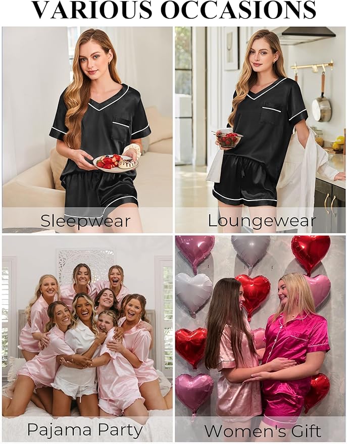 Women's Satin Pajama Set - Short Sleeve - 2 Piece