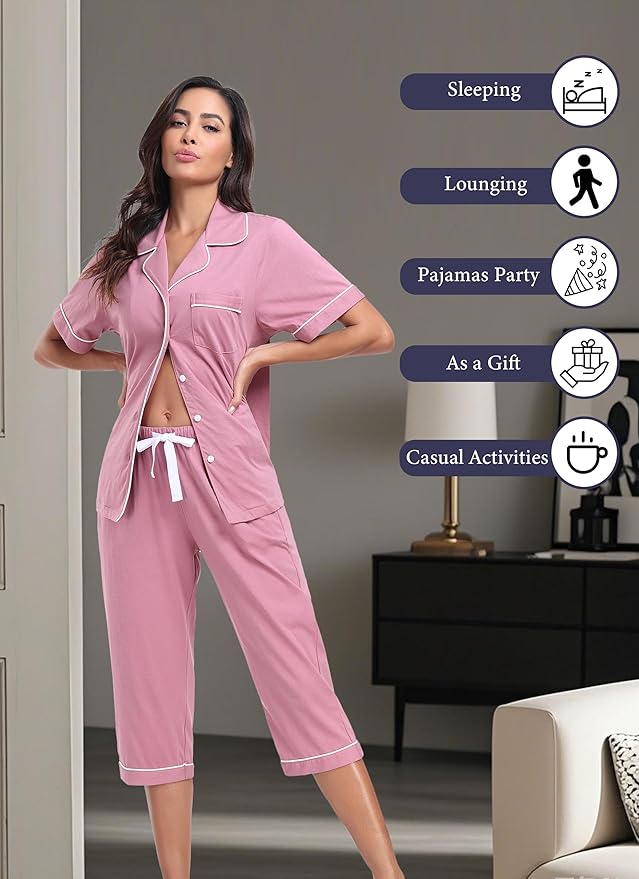 Women's 100% Cotton Capri Pajama Set - Short Sleeve - 2 Piece